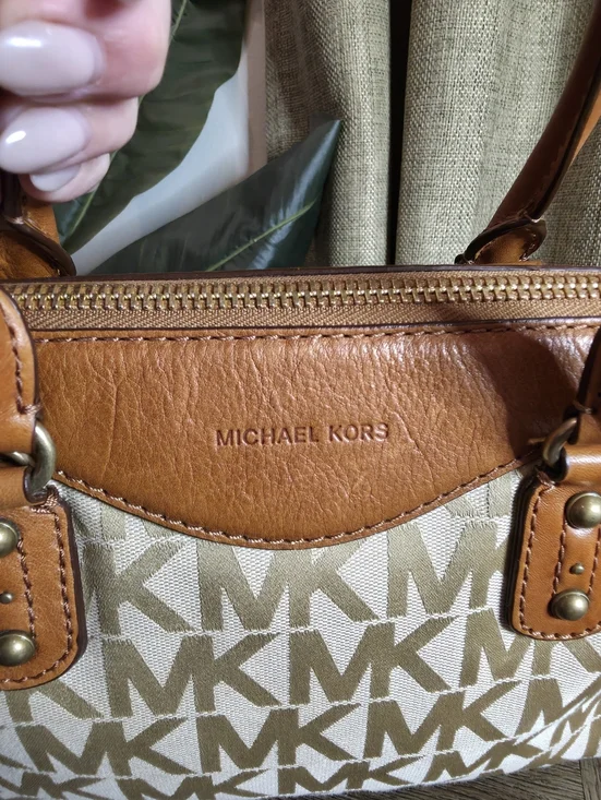 Michael Kors Beige Signature Logo Satchel with Brown Leather Trim - Picture 8 of 13